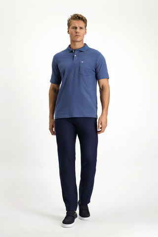  İndigo Polo Yaka Regular Fit Cepli Nakışlı %100 Pamuk Tişört