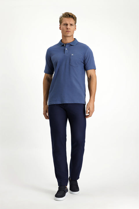 Indigo Polo Collar Regular Fit Pocketed Embroidered 100% Cotton T-shirt
