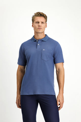  İndigo Polo Yaka Regular Fit Cepli Nakışlı %100 Pamuk Tişört