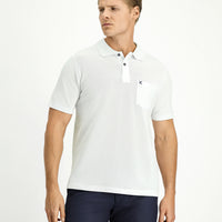 White Polo Collar Regular Fit Pocketed Embroidered 100% Cotton T-shirt
