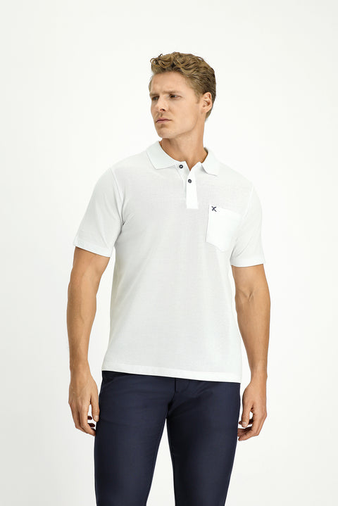 White Polo Collar Regular Fit Pocketed Embroidered 100% Cotton T-shirt