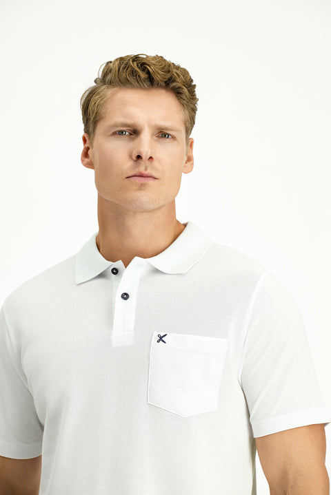 White Polo Collar Regular Fit Pocketed Embroidered 100% Cotton T-shirt