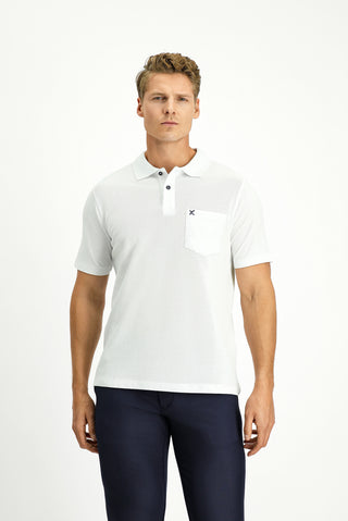  Beyaz Polo Yaka Regular Fit Cepli Nakışlı %100 Pamuk Tişört