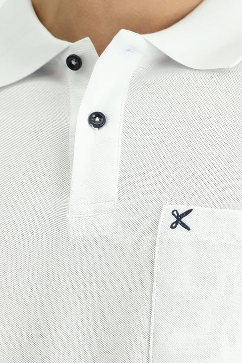 White Polo Collar Regular Fit Pocketed Embroidered 100% Cotton T-shirt