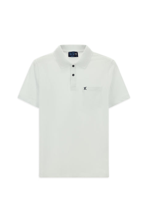 White Polo Collar Regular Fit Pocketed Embroidered 100% Cotton T-shirt
