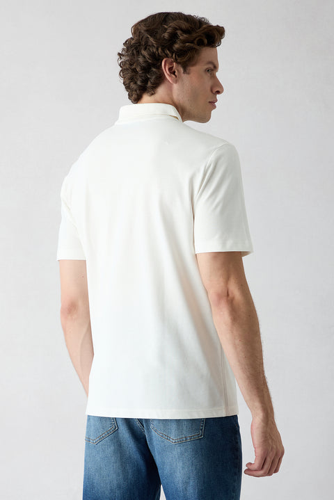 Off-White Polo Neck Regular Fit Pocket Embroidered 100% Cotton T-Shirt