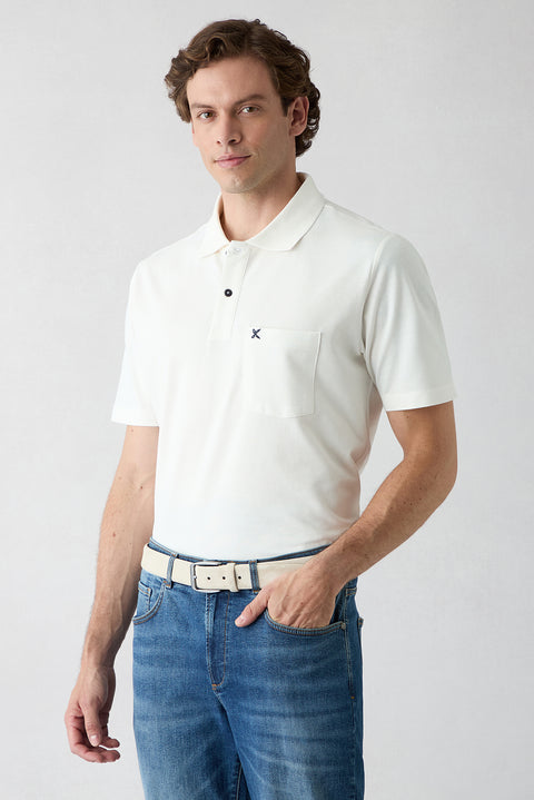 Off-White Polo Neck Regular Fit Pocket Embroidered 100% Cotton T-Shirt