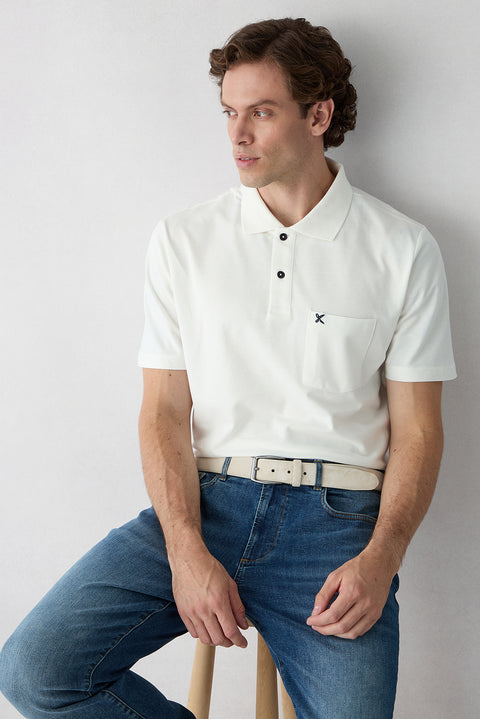 Off-White Polo Neck Regular Fit Pocket Embroidered 100% Cotton T-Shirt