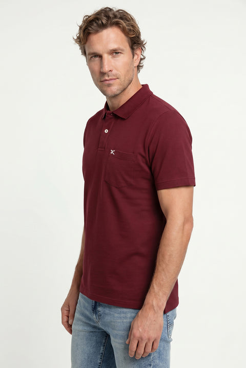 Dark Burgundy Polo Collar Regular Fit Pocketed Embroidered 100% Cotton T-shirt