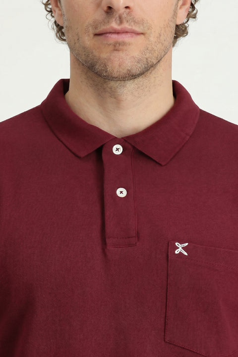 Dark Burgundy Polo Collar Regular Fit Pocketed Embroidered 100% Cotton T-shirt