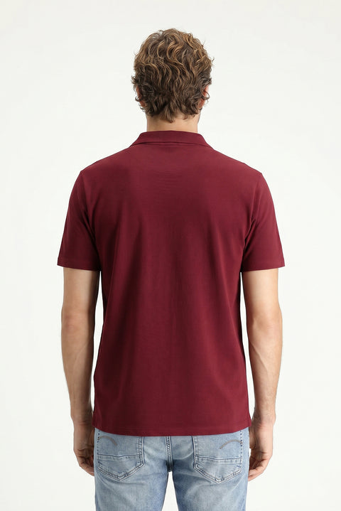Dark Burgundy Polo Collar Regular Fit Pocketed Embroidered 100% Cotton T-shirt