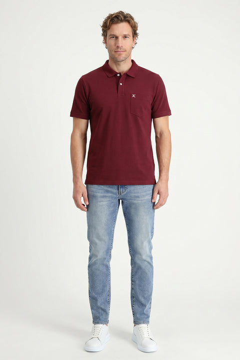 Dark Burgundy Polo Collar Regular Fit Pocketed Embroidered 100% Cotton T-shirt