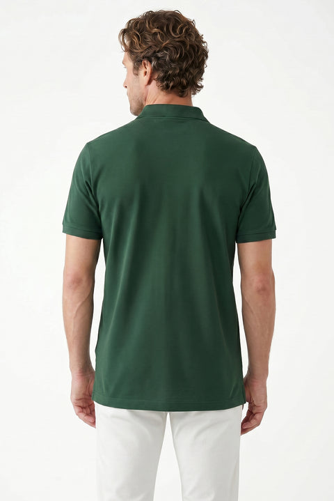 Koyu Yeşil Polo Yaka Regular Fit Cepli Nakışlı %100 Pamuk Tişört