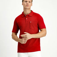 Dark Red Polo Collar Regular Fit Pocketed Embroidered 100% Cotton T-shirt