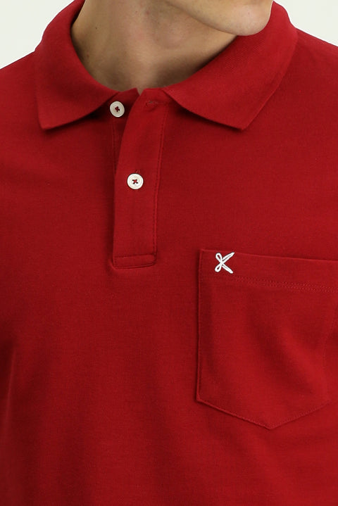 Dark Red Polo Collar Regular Fit Pocketed Embroidered 100% Cotton T-shirt