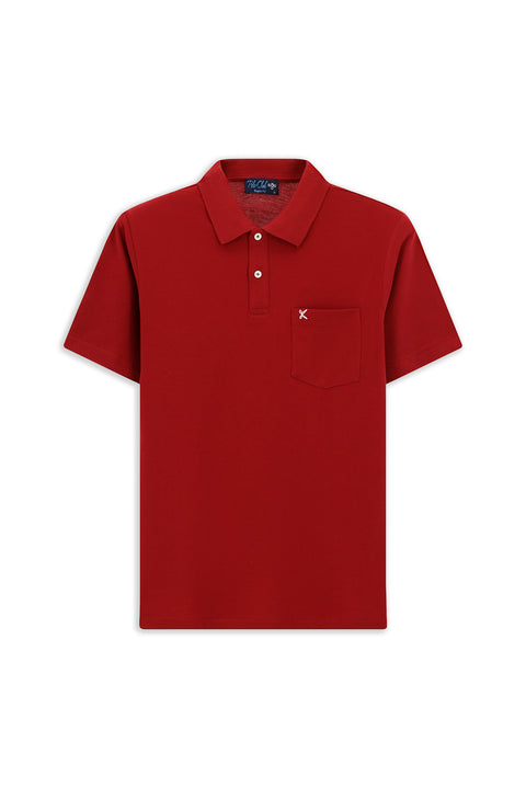 Dark Red Polo Collar Regular Fit Pocketed Embroidered 100% Cotton T-shirt
