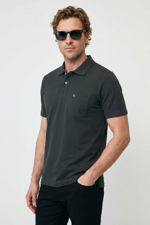 Dark Anthracite Polo Collar Regular Fit Pocketed Embroidered 100% Cotton T-shirt