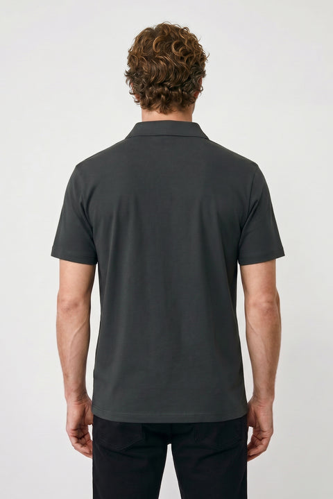 Dark Anthracite Polo Collar Regular Fit Pocketed Embroidered 100% Cotton T-shirt