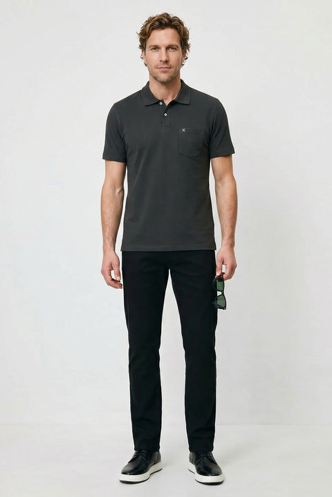 Dark Anthracite Polo Collar Regular Fit Pocketed Embroidered 100% Cotton T-shirt