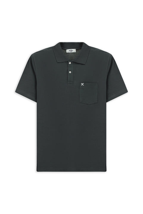 Dark Anthracite Polo Collar Regular Fit Pocketed Embroidered 100% Cotton T-shirt