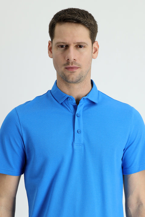 Blue Polo Collar Regular Fit Cotton T-shirt