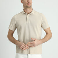 Medium Beige Polo Collar Regular Fit Cotton T-shirt