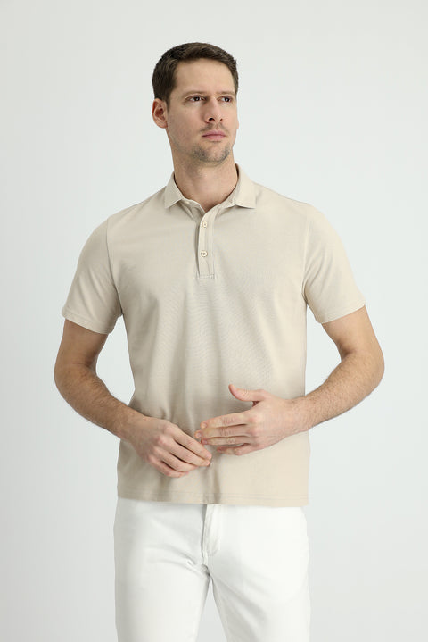 Medium Beige Polo Collar Regular Fit Cotton T-shirt