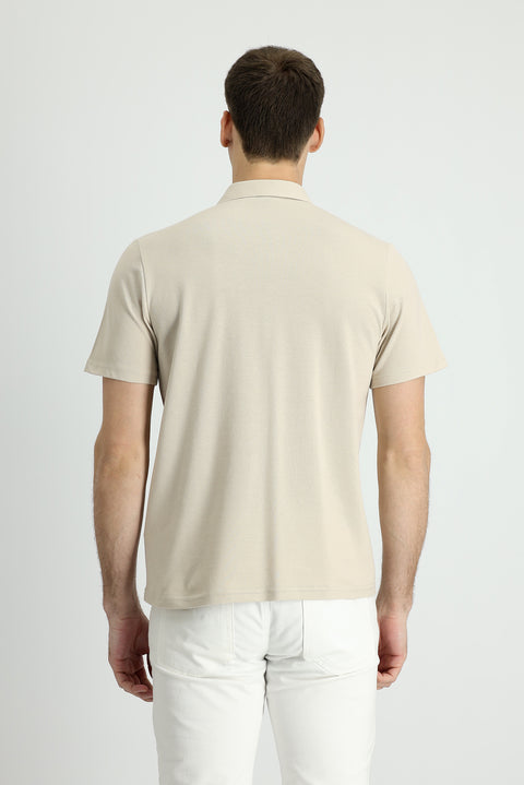 Medium Beige Polo Collar Regular Fit Cotton T-shirt