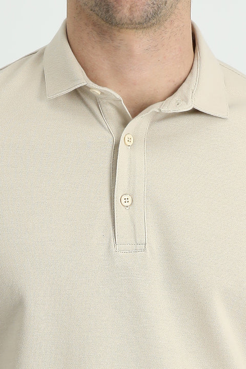 Medium Beige Polo Collar Regular Fit Cotton T-shirt