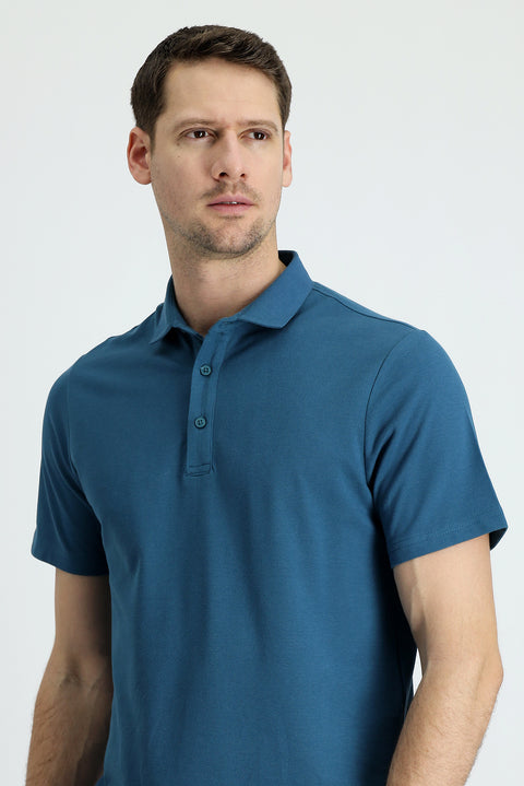Dark Petrol Polo Collar Regular Fit Cotton T-Shirt