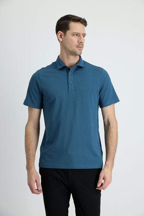 Dark Petrol Polo Collar Regular Fit Cotton T-Shirt