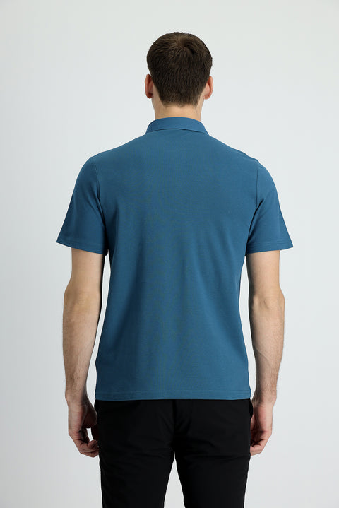 Dark Petrol Polo Collar Regular Fit Cotton T-Shirt