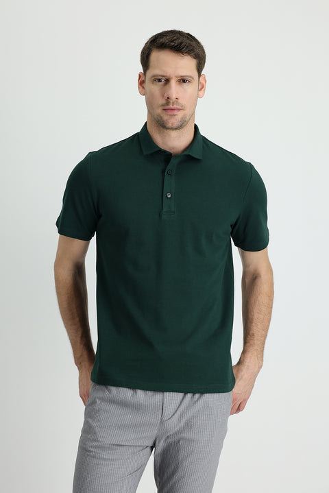 Dark Green Polo Collar Regular Fit Cotton T-shirt