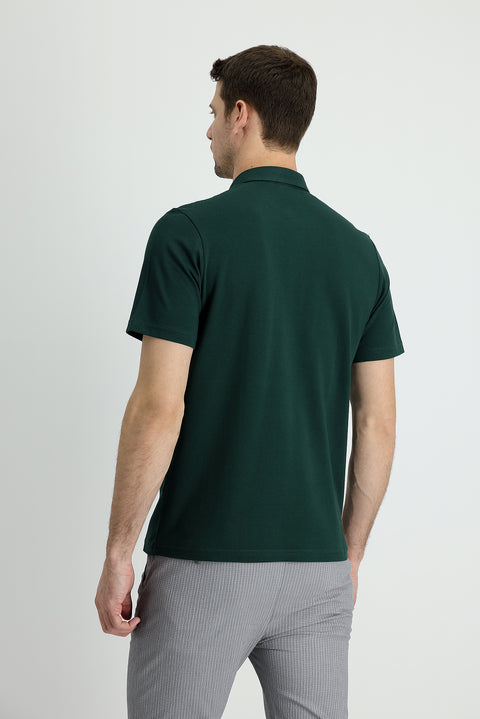 Dark Green Polo Collar Regular Fit Cotton T-shirt