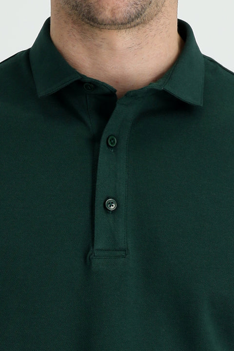 Dark Green Polo Collar Regular Fit Cotton T-shirt
