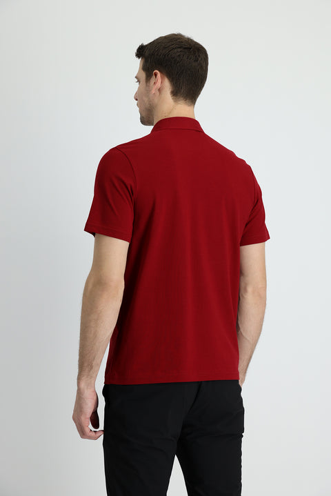 Dark Red Polo Collar Regular Fit Cotton T-shirt