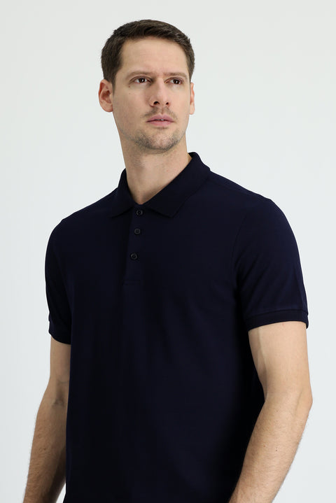 Dark Navy Polo Collar Regular Fit Cotton T-shirt