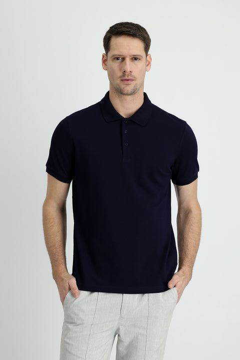 Dark Navy Polo Collar Regular Fit Cotton T-shirt