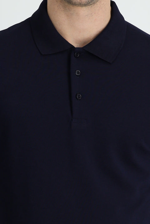 Dark Navy Polo Collar Regular Fit Cotton T-shirt