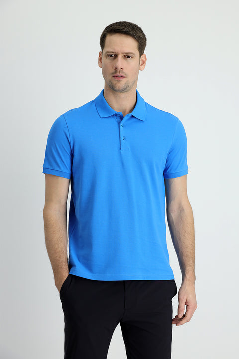 Aqua Blue Polo Collar Regular Fit Cotton T-shirt