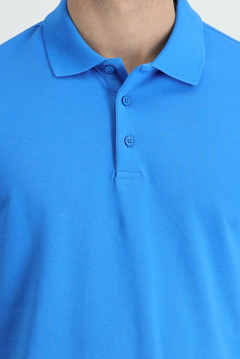Aqua Blue Polo Collar Regular Fit Cotton T-shirt