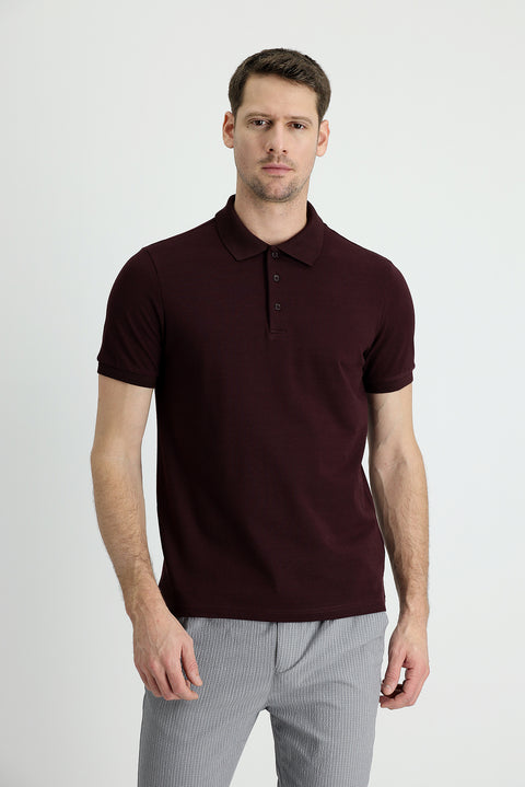 Dark Burgundy Polo Collar Regular Fit Cotton T-shirt