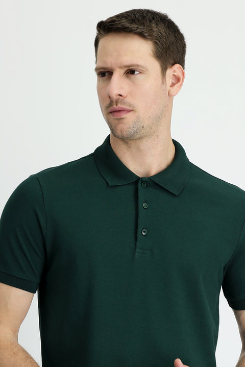 Dark Green Polo Collar Regular Fit Cotton T-shirt