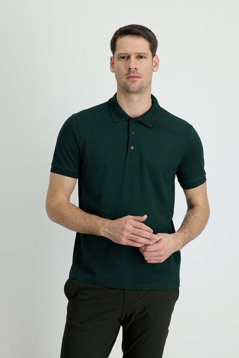 Dark Green Polo Collar Regular Fit Cotton T-shirt