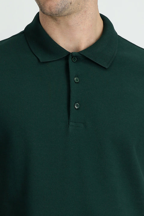 Dark Green Polo Collar Regular Fit Cotton T-shirt