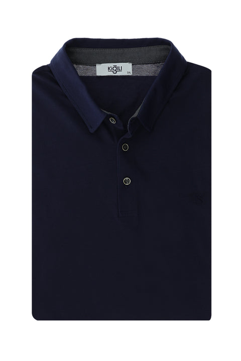 Medium Navy Plus Size Polo Collar Cotton T-Shirt