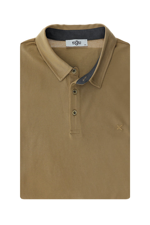 Medium Beige Plus Size Polo Collar Cotton T-Shirt