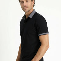 Black Polo Collar Regular Fit Patterned Cotton T-shirt