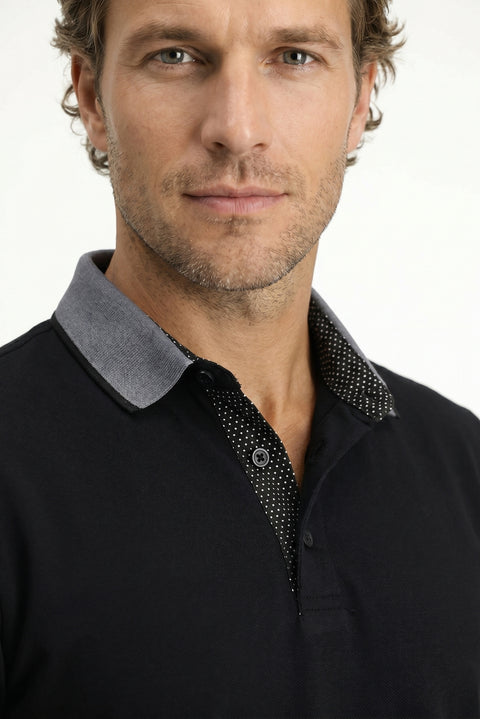 Black Polo Collar Regular Fit Patterned Cotton T-shirt