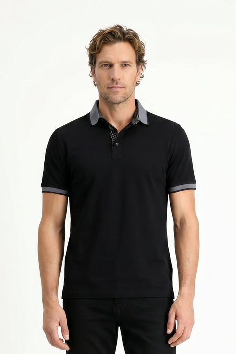 Black Polo Collar Regular Fit Patterned Cotton T-shirt